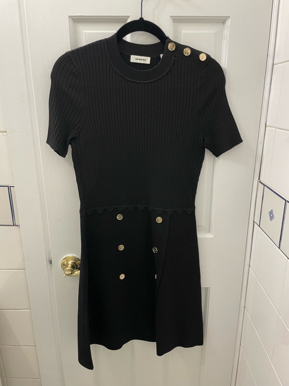 Sandro Black Ribbed Short-Sleeve Dress with Gold Buttons